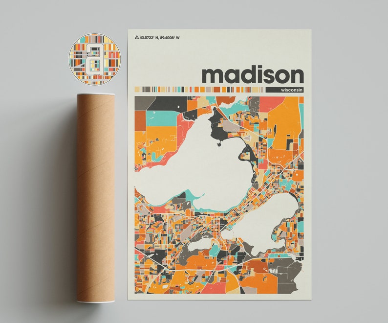 May include: A colorful map of Madison, Wisconsin, with the city's name and coordinates printed at the top. The map is in a retro style with a beige background and a variety of colors representing different neighborhoods.