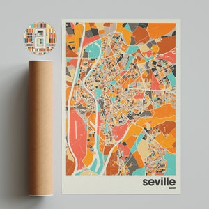 Seville Spanien Karte Druck, bunte minimalistische Stadt Karte, druckbare Kunst, Büro & Beige Wand-Dekor, Spanien Reisegeschenk, moderne Karte Kunstdruck
