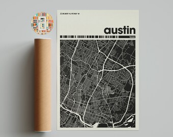 Impresión de mapa de Austin, Texas, colorido y minimalista, mapa de la ciudad de Texas, arte digital imprimible, decoración de oficina y pared beige