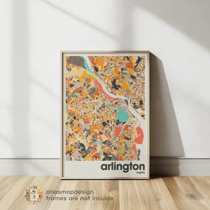 Impresión de mapa de Arlington, colorido y minimalista, mapa de Virginia, arte de ciudad beige, decoración de pared, decoración de oficina y hogar
