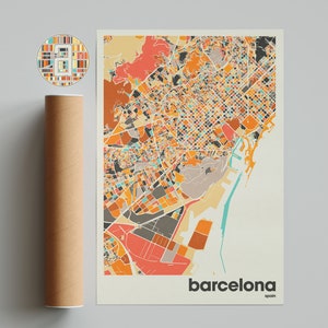 Może przedstawiać: Kolorowa mapa Barcelony w Hiszpanii. Mapa jest w stylu retro z r&oacute;żnymi kolorami i wzorami. Nazwa miasta jest wydrukowana pogrubioną czcionką na dole mapy.