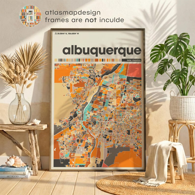 Albuquerque New Mexico Map Print – Colorful Minimalist Wall Art Poster for Home Office Decor, Southwest City Map Gift image 1