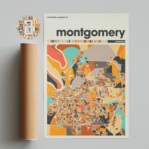 Carte colorée de Montgomery, carte de la ville de Montgomery, carte minimaliste de Montgomery, impression de Montgomery, Montgomery, art de Montgomery, plan de la ville de l'Alabama