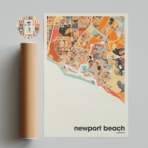 Impressão de mapa de Newport Beach, mapa colorido, impressão minimalista de Newport Beach, mapa da cidade da Califórnia, decoração de escritório, decoração de parede bege, impressões de arte