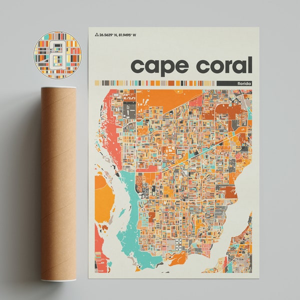 Cape Coral, Colorful Map, City of Cape Coral Map, Cape Coral Minimalist  Map, Cape Coral Print, Cape Coral Poster, Florida City Map