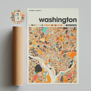 Carte colorée de Washington, carte de la ville de Washington, carte minimaliste de Washington, impression de Washington, affiche de Washington, art de Washington, carte de