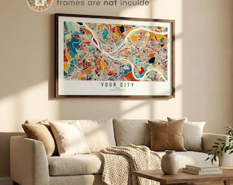 Custom City Map Print, Horizontal Abstract Map Wall Art, Terracotta Teal Mid Century Modern Poster