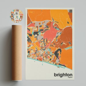 Brighton Karte, Bunte Karte, Großbritannien Minimalistischer Brighton Karte, England Stadt Karte, Bürodekoration, Beige Wanddekoration, Kunstdrucke