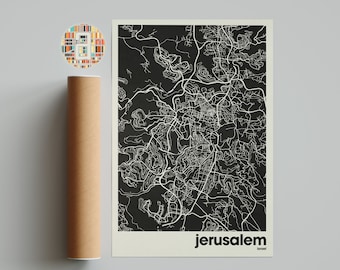 May include: A black and white map print of Jerusalem, Israel. The map shows the city's streets and landmarks. The city name is printed in white at the bottom of the map.