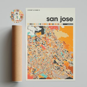 Kleurrijke kaart San Jose, kaart stad San Jose, minimalistische kaart San Jose, San Jose print, San Jose poster, San Jose Art, Californië
