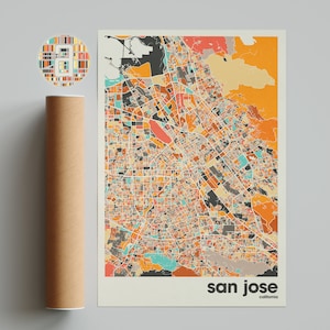 Stampa mappa di San Jose, mappa colorata, stampa minimalista di San Jose, mappa della città della California, arredamento per ufficio, decorazione murale beige, stampe artistiche, arte stampabile,