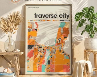 Traverse City MI Colorful  Map Poster, Northern Michigan Print Living Room Home Office