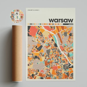 Warschau bunte Karte, Stadt Warschau Karte, Warschau Minimalistische Landkarte, Warschau Druck, Warschau Poster, Warschau Kunst, Landkarte von Warschau, Polen Stadtplan