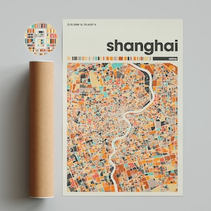 Shanghai City Map Print: Colorful Minimalist Art