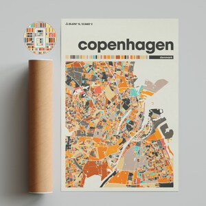 コペンハーゲンのカラフルな地図、コペンハーゲン市の地図、コペンハーゲンのミニマリスト地図、コペンハーゲンのプリント、コペンハーゲン、コペンハーゲンのアート、デンマークの都市地図