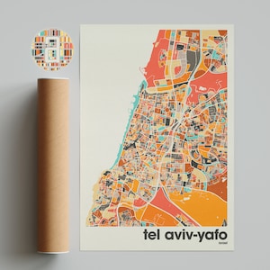 Impressão de mapa de Tel Aviv-Yafo, mapa colorido, impressão minimalista de Tel Aviv-Yafo, mapa da cidade de Israel, decoração de escritório, decoração de parede bege, arte para impressão