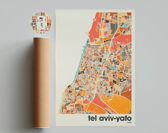 Tel Aviv-Yafo Map Print, Colorful Map, Minimalist Tel Aviv-Yafo Print, Israel City Map, Office Decor, Beige Wall Decor, Printable Art