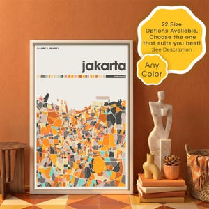 Peut inclure: Une affiche encadrée de Jakarta, Indonésie, avec un design de carte abstrait coloré. L'affiche comprend le nom de la ville et les coordonnées, avec le texte "22 tailles disponibles, choisissez celle qui vous convient le mieux ! Voir la description" et "Toute couleur".