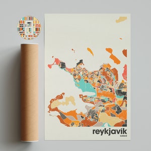 Impresión de mapa de Reykjavík, mapa colorido, impresión minimalista de Reykjavík, mapa de la ciudad de Islandia, decoración de oficina, decoración de pared beige, impresiones artísticas, arte imprimible,