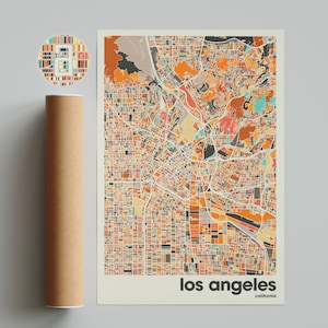 ロサンゼルスのカラフルな地図プリント - ミニマリストの都市アートポスター、カリフォルニアの壁装飾、自宅やオフィスに最適なモダンなロサンゼルス地図