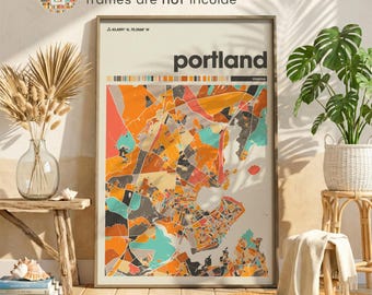 Portland Maine Colorful City Map Poster, New England Coastal Print Living Room or Office