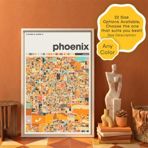 Puede incluir: Una impresión enmarcada del mapa de Phoenix, Arizona, con un diseño geométrico colorido. La impresión incluye el nombre de la ciudad y las coordenadas, con el texto "¡22 tamaños disponibles, elige el que mejor se adapte a ti! Ver descripción" y "Cualquier color".