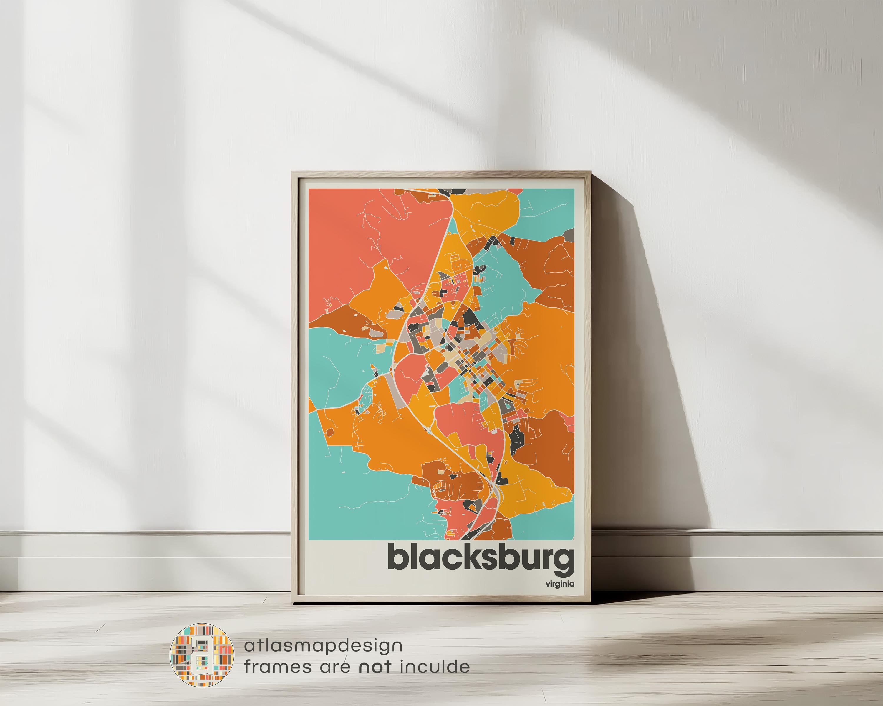 Blacksburg Virginia Map Print Colorful Virginia City Map, Minimalist Office Wall Decor, Beige Art Print for Home or Office