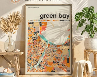Green Bay Wisconsin Colorful City Map Poster, Fox River Print, Home Office Decor