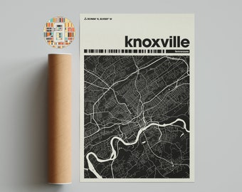 Stampa mappa BW della città di Knoxville, Tennessee - Poster minimalista da parete per casa e ufficio