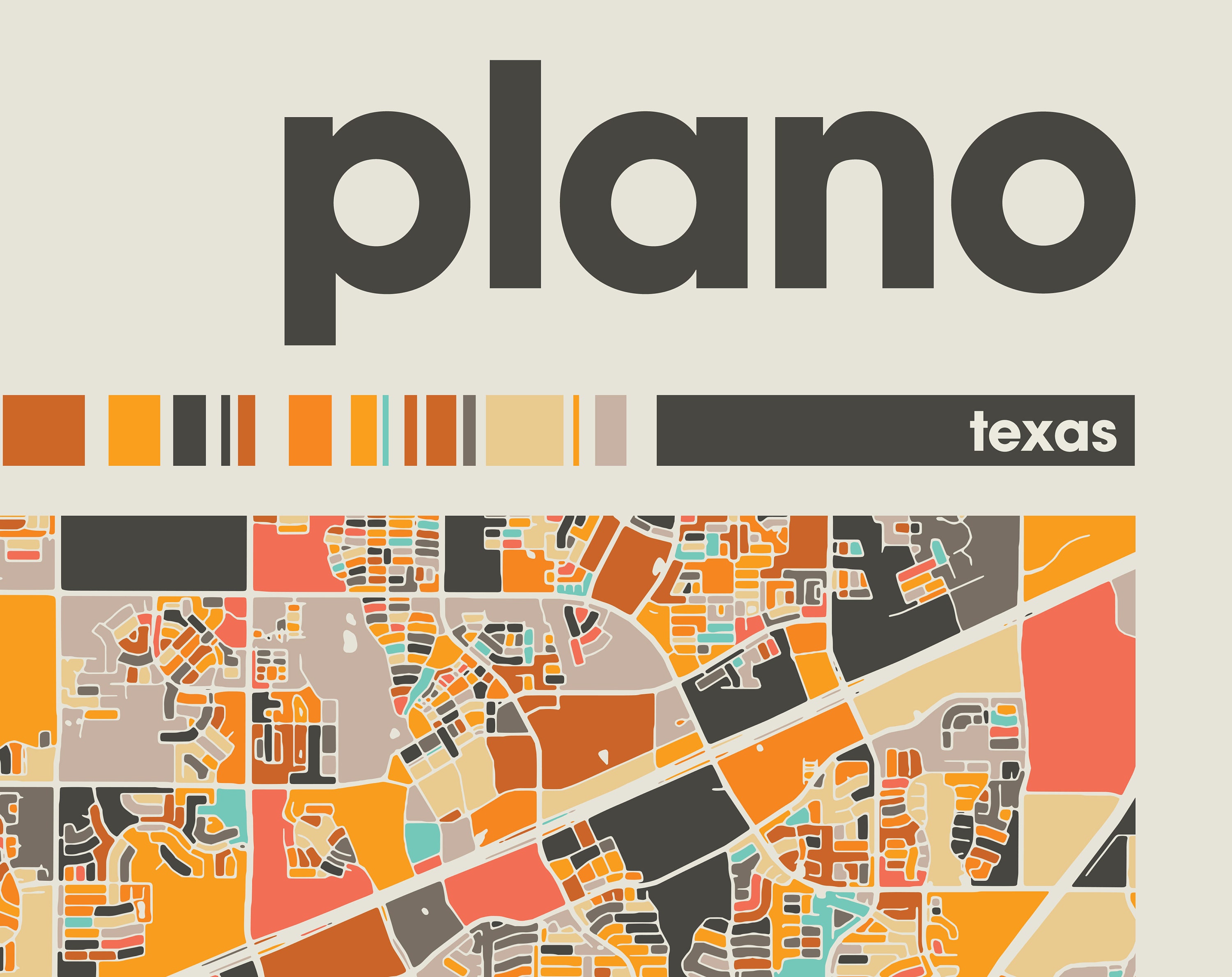 Plano Colorful Map, City of Plano Map, Plano Minimalist Map, Plano Print, Plano Poster, Plano