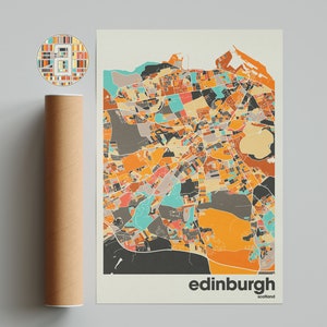 Impression de carte d'Édimbourg, carte colorée, impression minimaliste d'Édimbourg, plan de la ville d'Écosse, décoration de bureau, décoration murale beige, tirages d'art, oeuvre d'art imprimable,