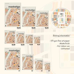 Może przedstawiać: Plakat z mapą Manhattanu, Nowego Jorku, z podanymi r&oacute;żnymi rozmiarami i proporcjami. Plakat jest dostępny w rozmiarach od 23x28 cm do 61x91 cm. Plakat jest drukowany na papierze artystycznym o gramaturze 175 g/m&sup2; z matowym wykończeniem i nie jest oprawiony.