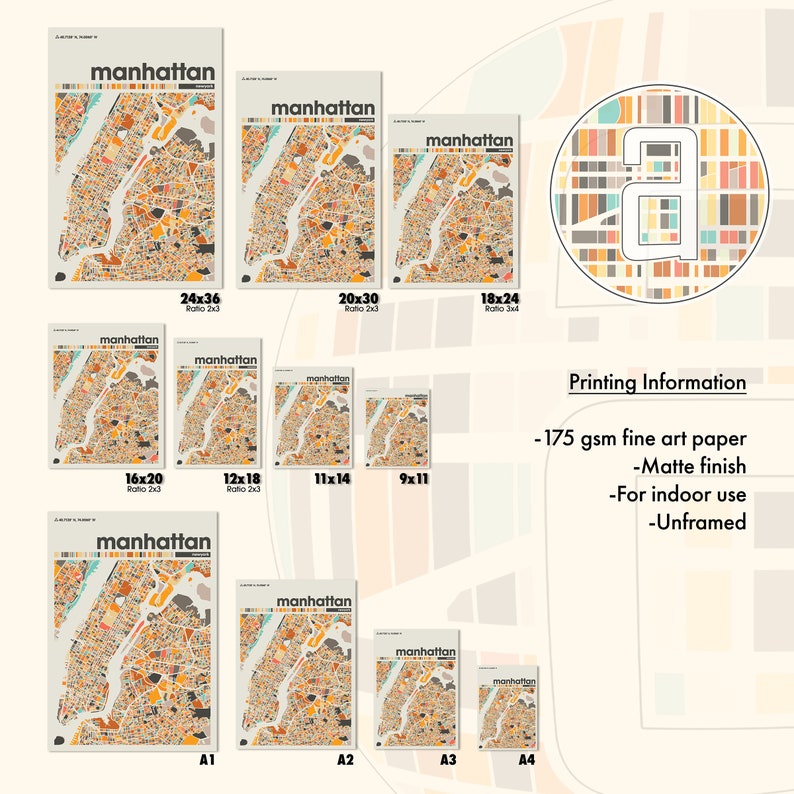 Może przedstawiać: Plakat z mapą Manhattanu, Nowego Jorku, z podanymi r&oacute;żnymi rozmiarami i proporcjami. Plakat jest dostępny w rozmiarach od 23x28 cm do 61x91 cm. Plakat jest drukowany na papierze artystycznym o gramaturze 175 g/m&sup2; z matowym wykończeniem i nie jest oprawiony.