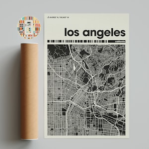 ロサンゼルス地図プリント、カラフルな地図、ミニマリストなロサンゼルスの地図プリント、カリフォルニアの都市地図、オフィスの装飾、ベージュの壁の装飾、アートプリント、