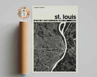 May include: Black and white map print of St. Louis, Missouri. The map shows the city's streets and major landmarks. The text "st. louis" and "missouri" is printed in black at the top of the map.