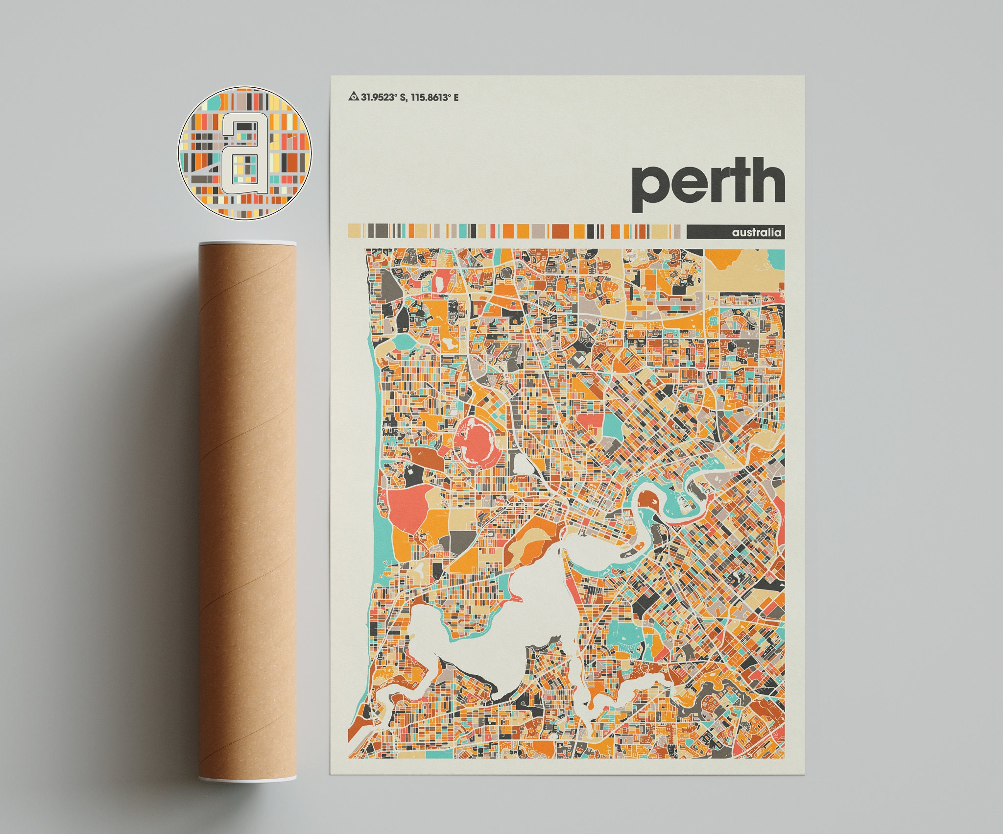 Perth Colorful Map, City of Perth Map, Perth Minimalist Map, Perth Print, Perth Poster, Perth