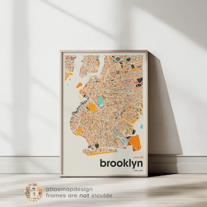 Impresión de mapa de Brooklyn, arte urbano minimalista colorido, decoración de oficina imprimible, arte de pared beige inspirado en el mapa de la ciudad de Nueva York, decoración moderna del hogar