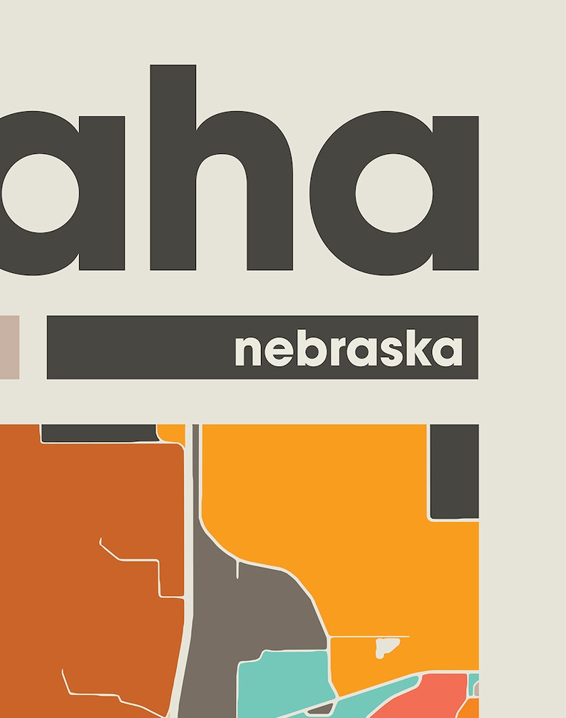 Omaha Colorful Map, City of Omaha Map, Omaha Minimalist Map, Omaha