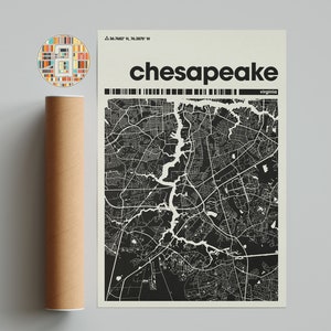 Mapa da cidade de Chesapeake, mapa da cidade de Virginia, mapa da cidade minimalista, mapa da cidade moderno, pôster personalizado da cidade, impressão de arte de parede, decoração para casa, decoração de escritório