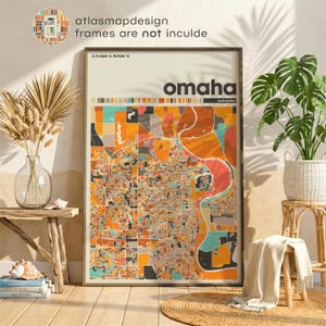 Impresión de mapa de Omaha, Nebraska: póster minimalista y colorido de la ciudad para decorar la pared del hogar o la oficina.
