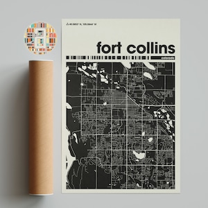 May include: A black and white map of Fort Collins, Colorado. The map shows the city's streets and landmarks. The text "Fort Collins, Colorado" is printed in black at the top of the map.