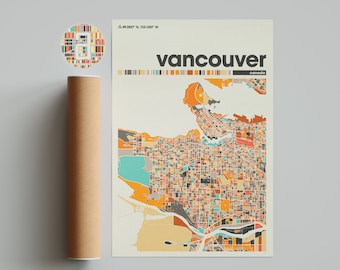 May include: A colorful map of Vancouver, Canada, with a grid pattern of different colored squares. The map is on a white background with the word "vancouver" in black text at the top and "canada" in smaller black text below.