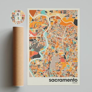 サクラメントの地図プリント、カラフルな地図、ミニマリストなサクラメントのプリント、カリフォルニアの都市地図、オフィスの装飾、ベージュの壁の装飾、アートプリント、印刷可能