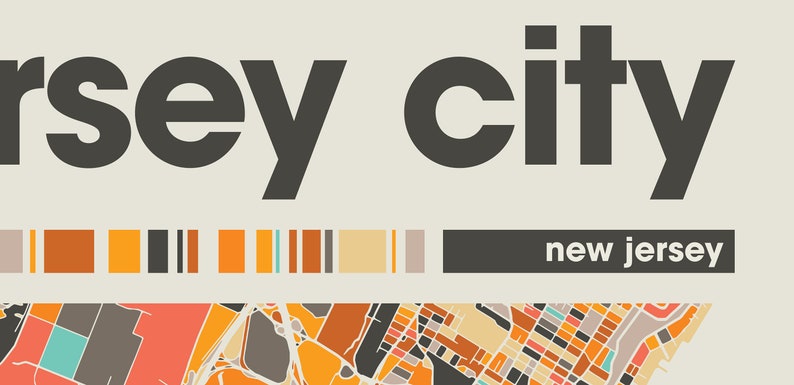 May include: A stylized map of Jersey City, New Jersey, with a colorful grid pattern and the text "Jersey City" and "New Jersey".
