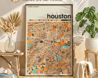 Kolorowa mapa miasta Houston w Teksasie – spersonalizowany minimalistyczny plakat ścienny do wystroju domu i biura