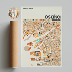 Kolorowa mapa Osaki, Mapa miasta Osaka, Minimalistyczna mapa Osaki, Wydruk Osaki, Plakat Osaki, Sztuka Osaki, Mapa Osaki, Mapa miasta Japonii
