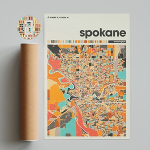 Spokane, Colorful Map, City of Spokane Map, Spokane Minimalist  Map, Spokane Print, Spokane Poster, Spokane Art, Map of Spokane, Washington