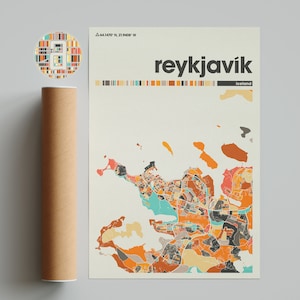 Mapa colorido de Reikiavik, Mapa de la ciudad de Reikiavik, Mapa minimalista de Reikiavik, Impresión de Reikiavik, Cartel de Reikiavik, Mapa de Reikiavik, Ciudad de Islandia