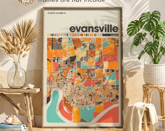 Custom Evansville Map Poster, Colorful Indiana City Print, Retro Wall Decor