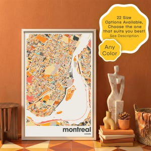 May include: A framed map of Montreal, Canada, with a detailed, colorful abstract design. The map features a white river and a cityscape in shades of orange, yellow, and beige. Text at the bottom reads "montreal canada".